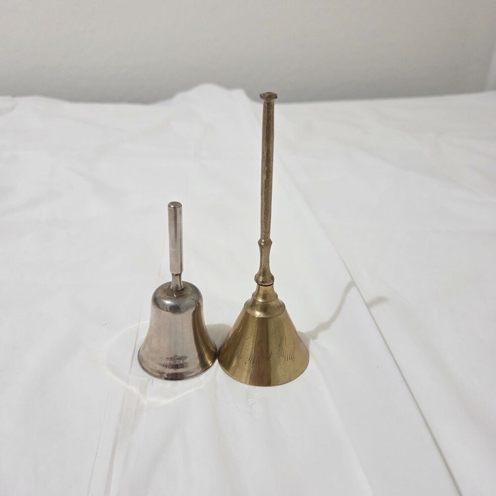 Set of 2 Vintage Solid Brass Hand Bells Made in India Decorative Collectibles